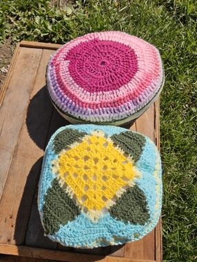 Vintage 70s Style Hand Crochet Round Boho Mandala Accent Throw Pillows Set of 2